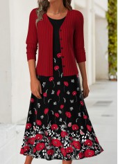 Red Tummy Coverage Floral Print Dress and Cardigan