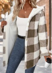 Gray Brown Tummy Coverage Plaid Long Sleeve Hooded Coat