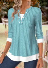 Turquoise Tummy Coverage Long Sleeve Split Neck T Shirt | thumb picture 