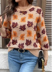 Light Coffee Leaf Print Long Sleeve Round Neck Sweater | thumb picture 