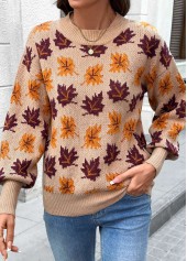 Light Coffee Leaf Print Long Sleeve Round Neck Sweater | thumb picture 