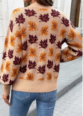 Light Coffee Leaf Print Long Sleeve Round Neck Sweater | thumb picture 