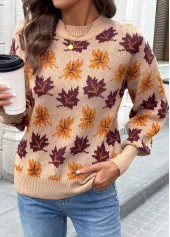 Light Coffee Leaf Print Long Sleeve Round Neck Sweater