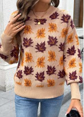 Light Coffee Leaf Print Long Sleeve Round Neck Sweater | thumb picture 