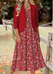 Wine Red Tummy Coverage Floral Print Dress and Cardigan