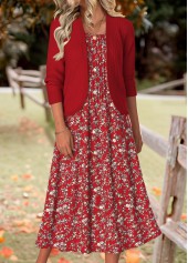 Wine Red Tummy Coverage Floral Print Dress and Cardigan | thumb picture 