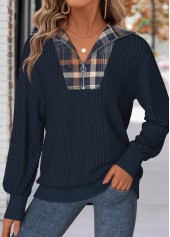 Navy Tummy Coverage Plaid Long Sleeve Sweatshirt