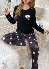 Black Heart Print Long Sleeve Lounge Top and Pants
