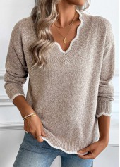 Light Camel Tummy Coverage Long Sleeve V Neck Sweater