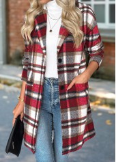 Red Tummy Coverage Plaid Long Sleeve Lapel Coat