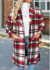 Red Tummy Coverage Plaid Long Sleeve Lapel Coat