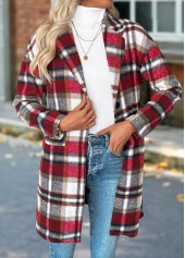 Red Tummy Coverage Plaid Long Sleeve Lapel Coat