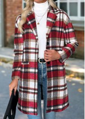 Red Tummy Coverage Plaid Long Sleeve Lapel Coat