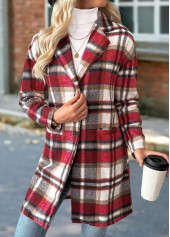 Red Tummy Coverage Plaid Long Sleeve Lapel Coat