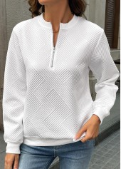 White Zipper Long Sleeve Round Neck Sweatshirt | thumb picture 