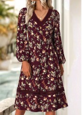 Deep Red Floral Print Long Sleeve V Neck Dress