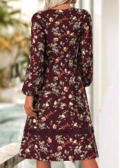 Deep Red Floral Print Long Sleeve V Neck Dress | thumb picture 