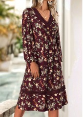 Deep Red Floral Print Long Sleeve V Neck Dress | thumb picture 