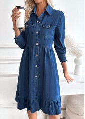 Denim Blue Tummy Coverage Long Sleeve Shirt Collar Dress | thumb picture 