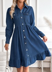 Denim Blue Tummy Coverage Long Sleeve Shirt Collar Dress | thumb picture 