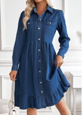Denim Blue Tummy Coverage Long Sleeve Shirt Collar Dress