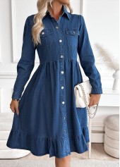 Denim Blue Tummy Coverage Long Sleeve Shirt Collar Dress | thumb picture 