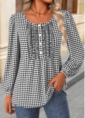 Black Frill Plaid Long Sleeve Round Neck Blouse