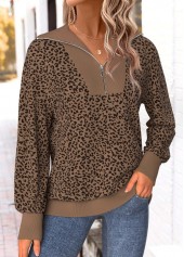 Dark Coffee Zipper Animal Print Long Sleeve Sweatshirt | thumb picture 