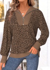 Dark Coffee Zipper Animal Print Long Sleeve Sweatshirt