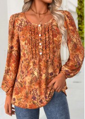 Terracotta Frill Floral Print Long Sleeve Round Neck Blouse