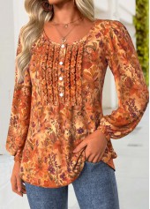Terracotta Frill Floral Print Long Sleeve Round Neck Blouse | thumb picture 