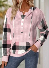 Light Pink Tummy Coverage Plaid Long Sleeve Hoodie