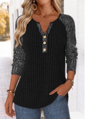 Black Tummy Coverage Long Sleeve Split Neck T Shirt