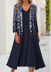 Dark Blue Tummy Coverage Floral Print Dress and Cardigan