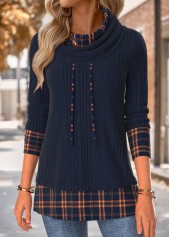 Navy Tummy Coverage Plaid Long Sleeve Cowl Neck Sweatshirt