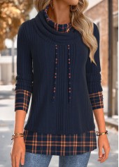 Navy Tummy Coverage Plaid Long Sleeve Cowl Neck Sweatshirt | thumb picture 