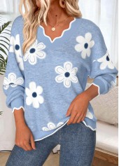 Dusty Blue Scalloped Hem Floral Print Long Sleeve Sweatshirt