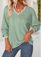 Sage Green Scalloped Hem Long Sleeve V Neck Sweatshirt