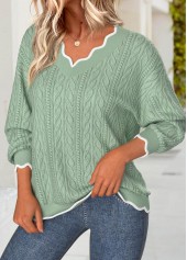 Sage Green Scalloped Hem Long Sleeve V Neck Sweatshirt | thumb picture 