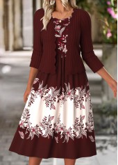 Wine Red Tummy Coverage Floral Print Dress and Cardigan