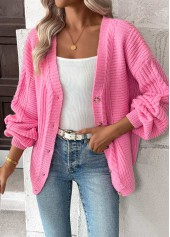 Pink Button Long Sleeve V Neck Cardigan
