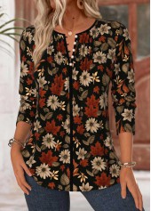Black Tummy Coverage Floral Print Long Sleeve Blouse