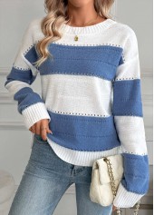 Blue Tummy Coverage Striped Long Sleeve Round Neck Sweater