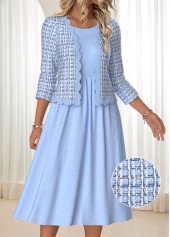 Blue Tummy Coverage Plaid Long Sleeve Dress and Cardigan