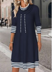 Navy Tummy Coverage Striped Long Sleeve Cowl Neck Dress | thumb picture 