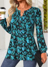Mint Green Peplum Floral Print Long Sleeve Split Neck Blouse | thumb picture 