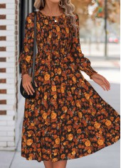 Orange Tummy Coverage Floral Print Long Sleeve Dress
