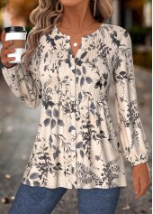 Beige Peplum Leaf Print Long Sleeve Split Neck Blouse