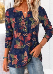 Plus Size Navy Tummy Coverage Leaf Print T Shirt