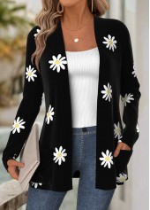Black Tummy Coverage Floral Print Long Sleeve Coat